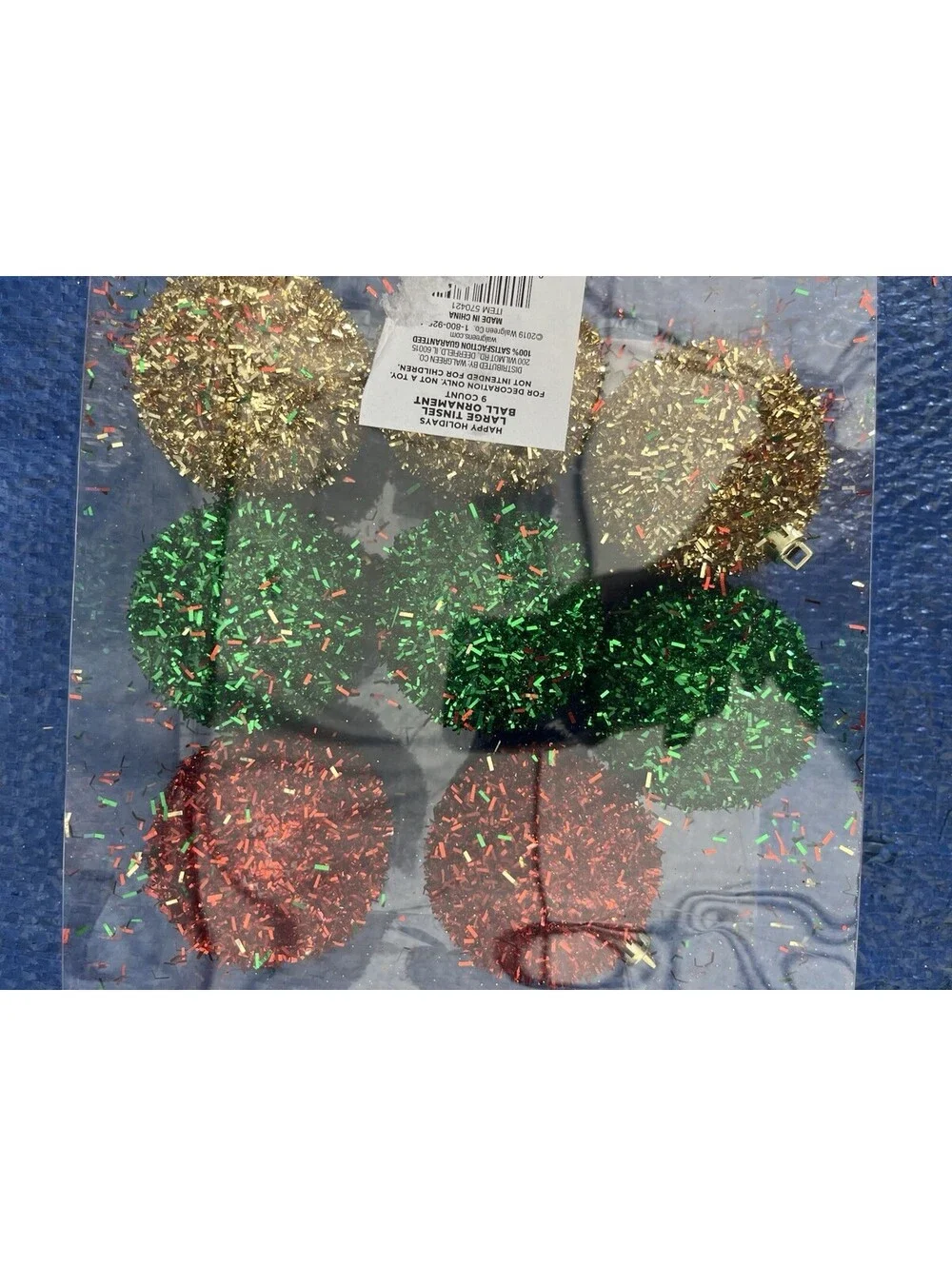 8pc Round Glitter Ornaments Green Red Gold
